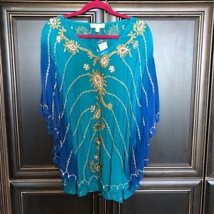 NWT blue and gold kimono beaded top